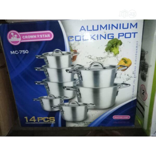 Master Chef 14pcs Aluminium Cookware Set MC-750AL comes in set of 14 pots that will be a perfect addition to your cooking utensils in your kitchen. It is made from quality aluminium material so you are assured it will last you a very long time. It comes in different sizes that take care of all your cooking needs. The cooking pots from Master Chef have an aluminium cover that traps heat inside with cool touch handles for easy carriage. The attractive shiny design is sure to make your kitchen decor look bright while offering you better performance. This 14 Pieces Aluminium Cooking Pot allows you cook different types of food at the same time. The kitchen utensil makes cooking enjoyable and convenient for both singles and mothers. Preparation of varieties of with these pots will be properly cooked for your enjoyment. You can easily wash and clean these pots after use manually and also with a dishwasher which makes it more convenient. No matter how frequent you cook with these pots, they will always remain rust free. It has durable construction that makes it withstand long term use. The pots are reliable anytime of the day and ideal for cooking at home, restaurants, and hostels. You can also grab exciting kitchen and dining deals at lowest prices with nationwide delivery only on EscapadeNg. Buy on Escapade Nigeria at best price. Master Chef 14pcs Aluminium Cookware Set MC-750AL – Key Features: Size: 22cm, 24cm, 26cm, 28cm, 30cm, 32cm, 34cm Qty: 2 sets of each sizes in CTN Colour: Silver Material: Cast Iron Solid Aluminum Cooking Pot Dishwasher Safe Heat Retainer 14 pcs set